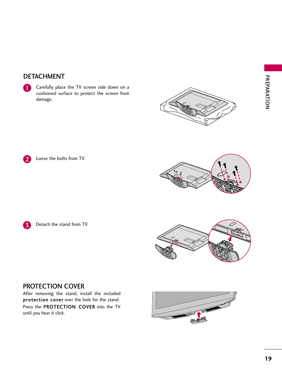 Detachment, Protection cover | LG 22LU55-UB User Manual | Page 19 / 136