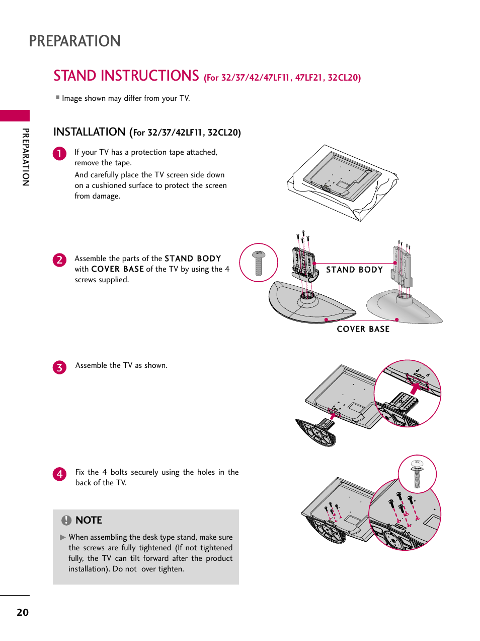 Preparation, Stand instructions, Installation | LG 22LU55-UB User Manual | Page 20 / 136