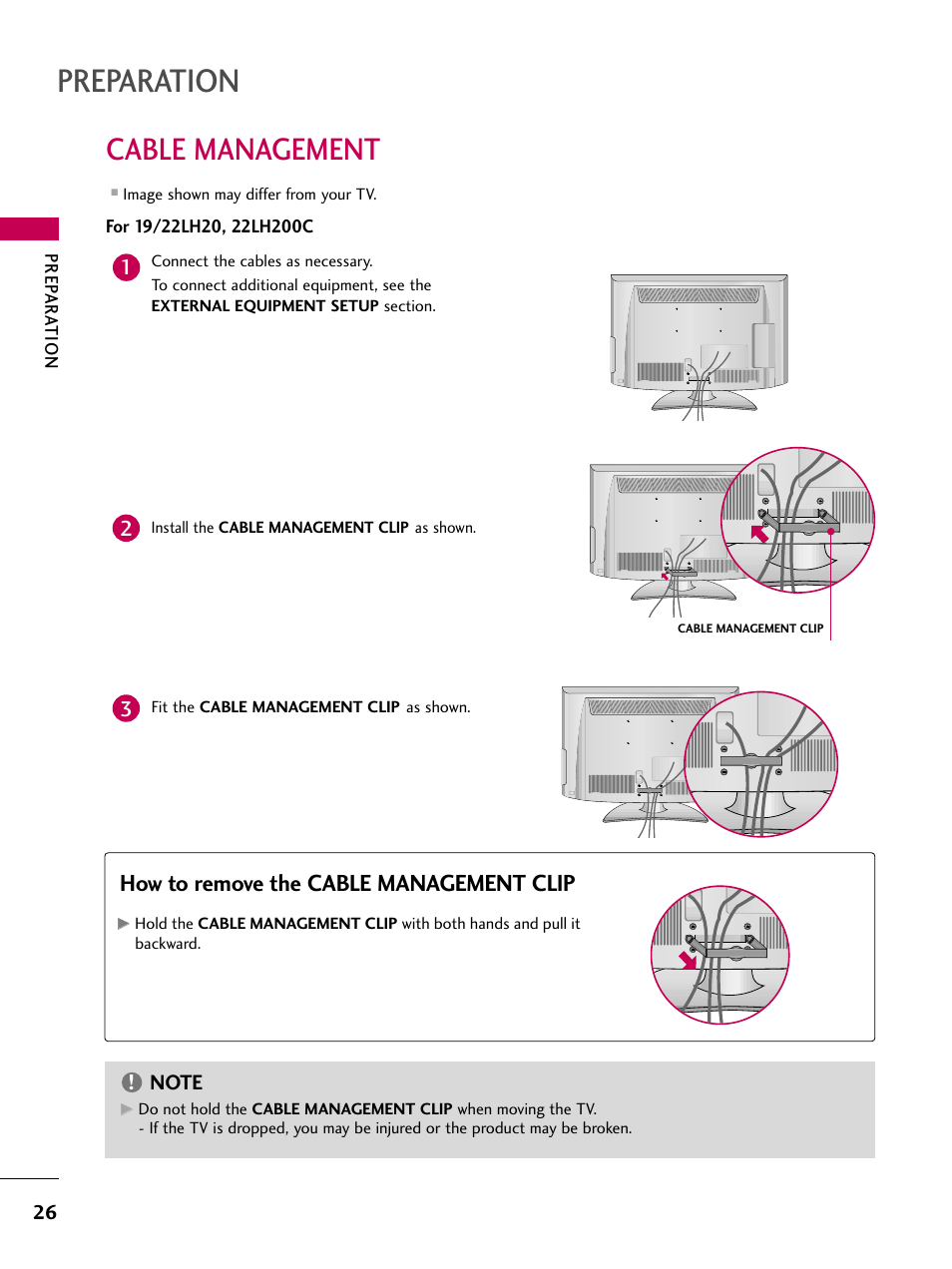 Cable management (for 19/22lh20), Preparation, Cable management | How to remove the cable management clip | LG 22LU55-UB User Manual | Page 26 / 136