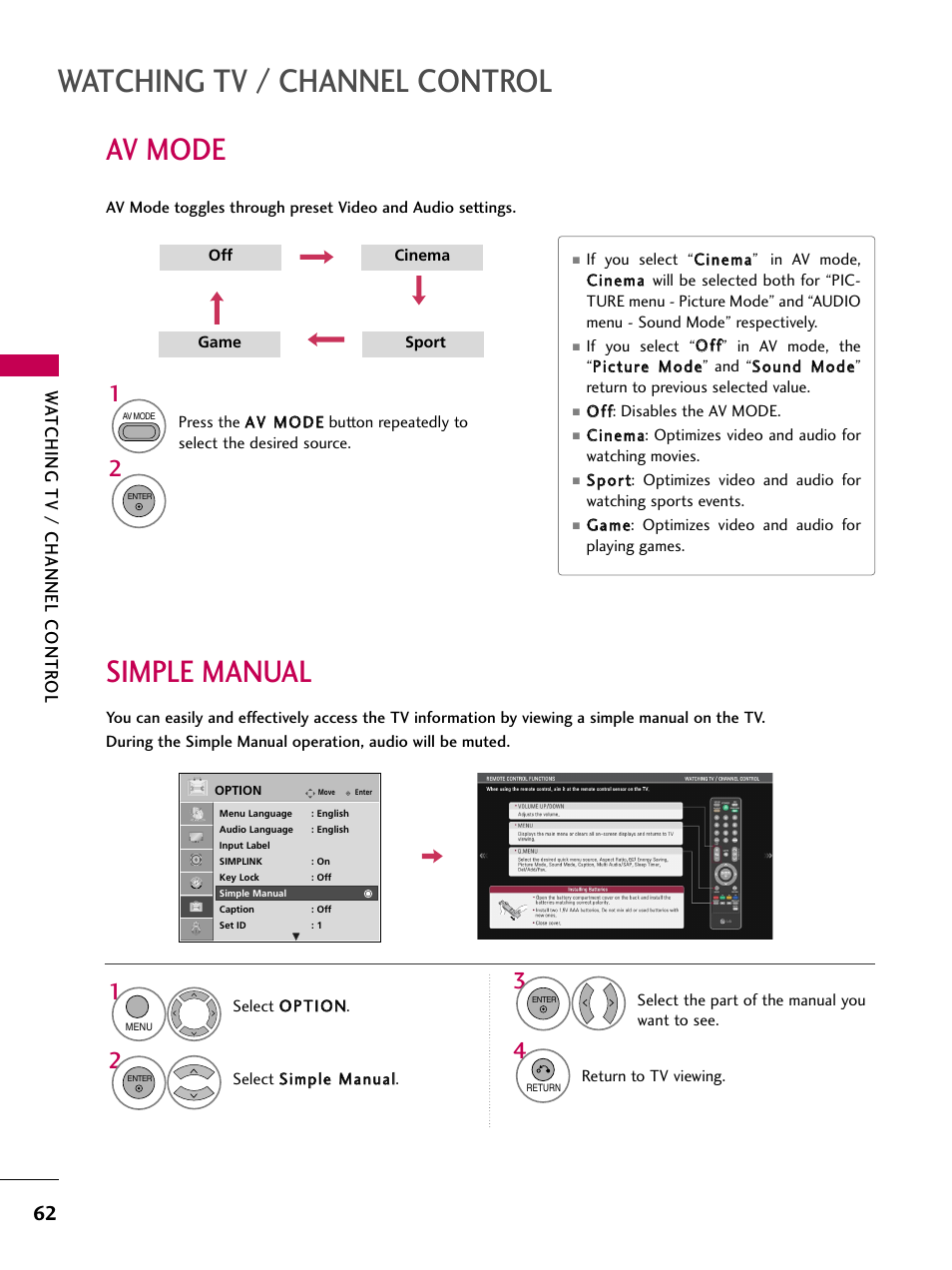 Av mode, Simple manual, Watching tv / channel control | Watching tv / channel contr ol | LG 22LU55-UB User Manual | Page 62 / 136