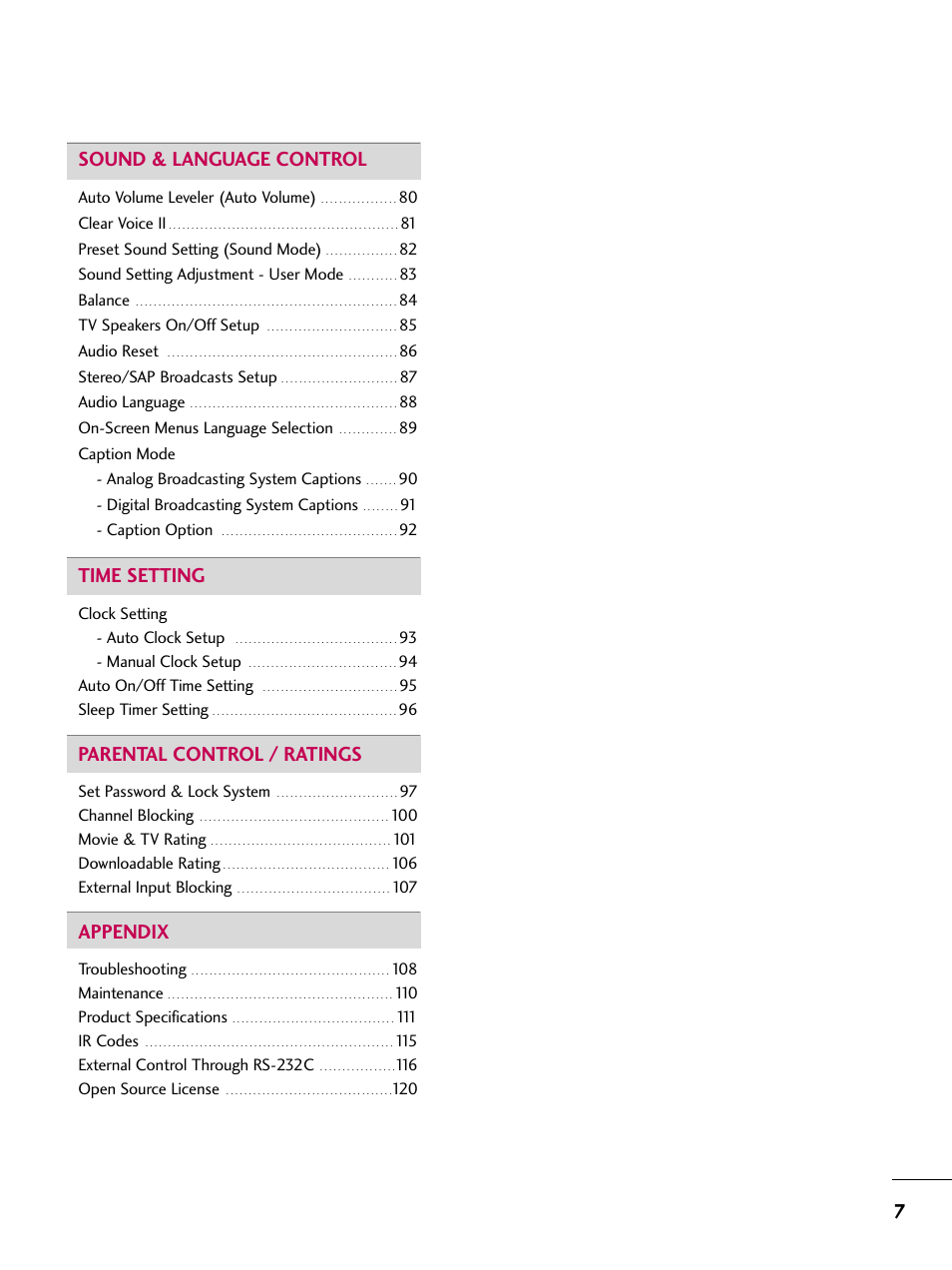 7sound & language control, Time setting, Parental control / ratings | Appendix | LG 22LU55-UB User Manual | Page 7 / 136