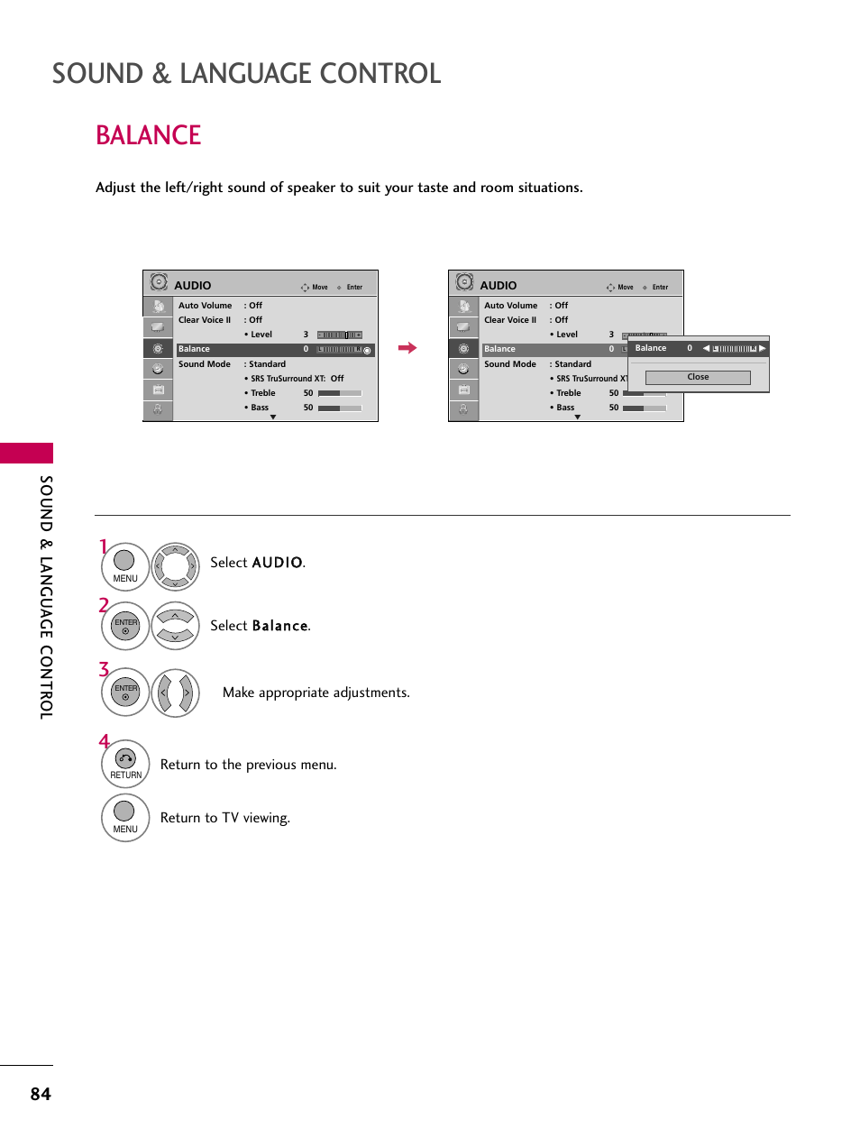 Balance, Sound & language control, Sound & langu a ge contr ol | Return to the previous menu, Return to tv viewing | LG 22LU55-UB User Manual | Page 84 / 136