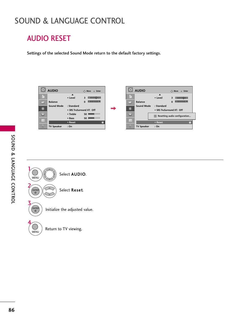 Audio reset, Sound & language control, Sound & langu a ge contr ol | Initialize the adjusted value, Return to tv viewing | LG 22LU55-UB User Manual | Page 86 / 136