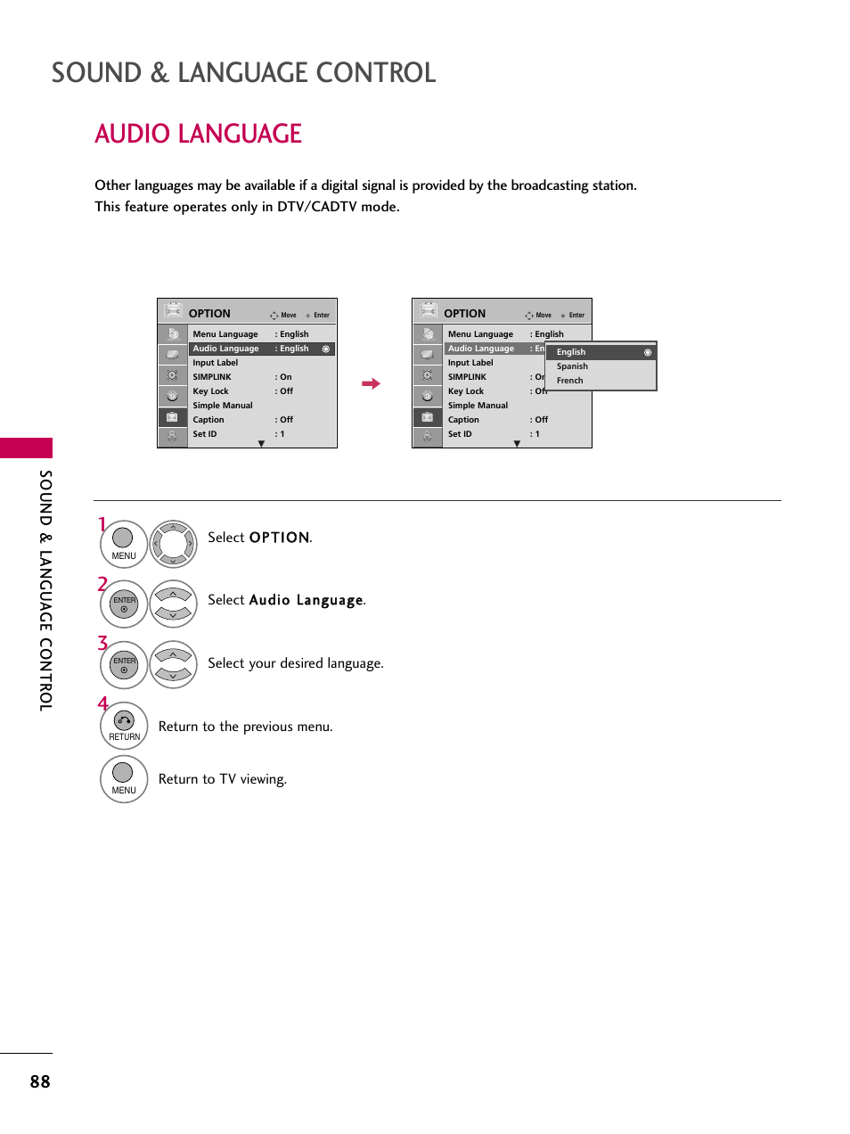 Audio language, Sound & language control, Sound & langu a ge contr ol | LG 22LU55-UB User Manual | Page 88 / 136