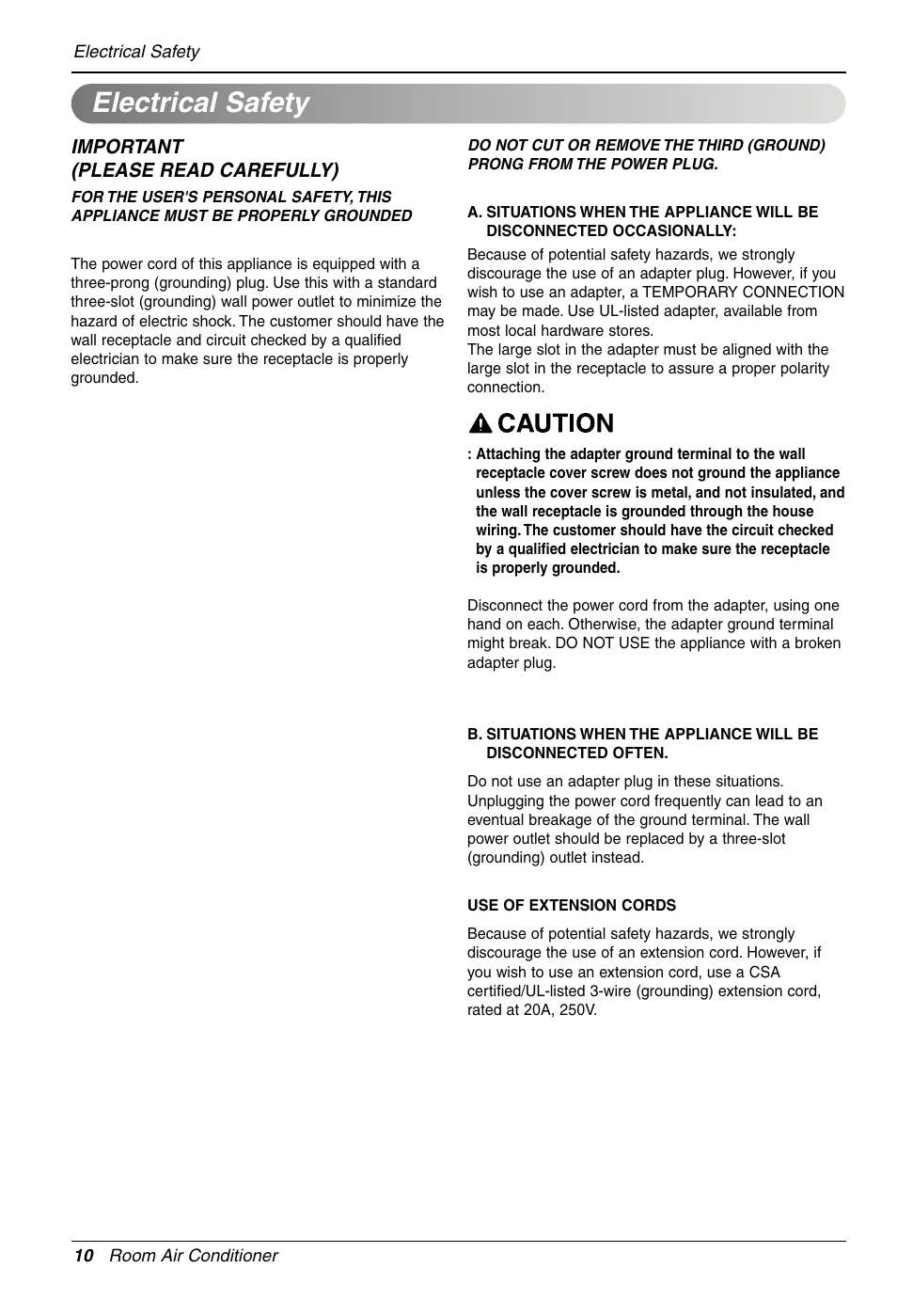 Electrical safety | LG LW1810HR User Manual | Page 10 / 44