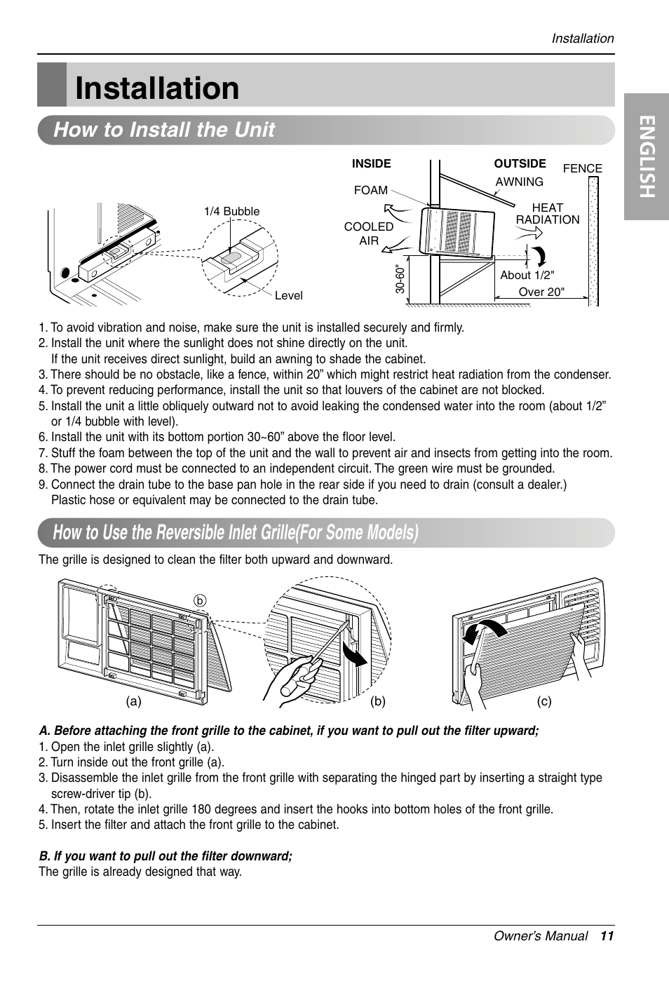 Installation, English | LG LW1810HR User Manual | Page 11 / 44