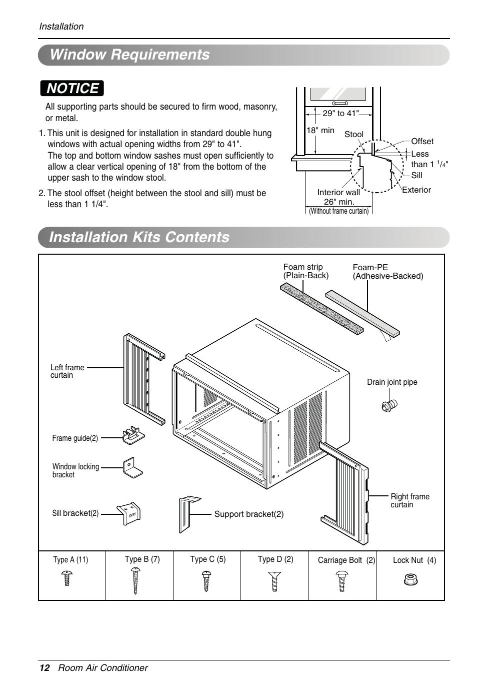 Window requirements installation kits contents, Notice | LG LW1810HR User Manual | Page 12 / 44