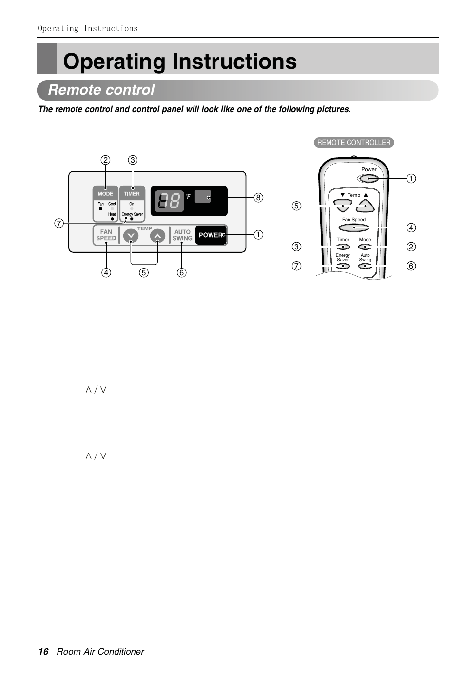 Operating instructions, Remote control, Power button | Operation mode selection button | LG LW1810HR User Manual | Page 16 / 44