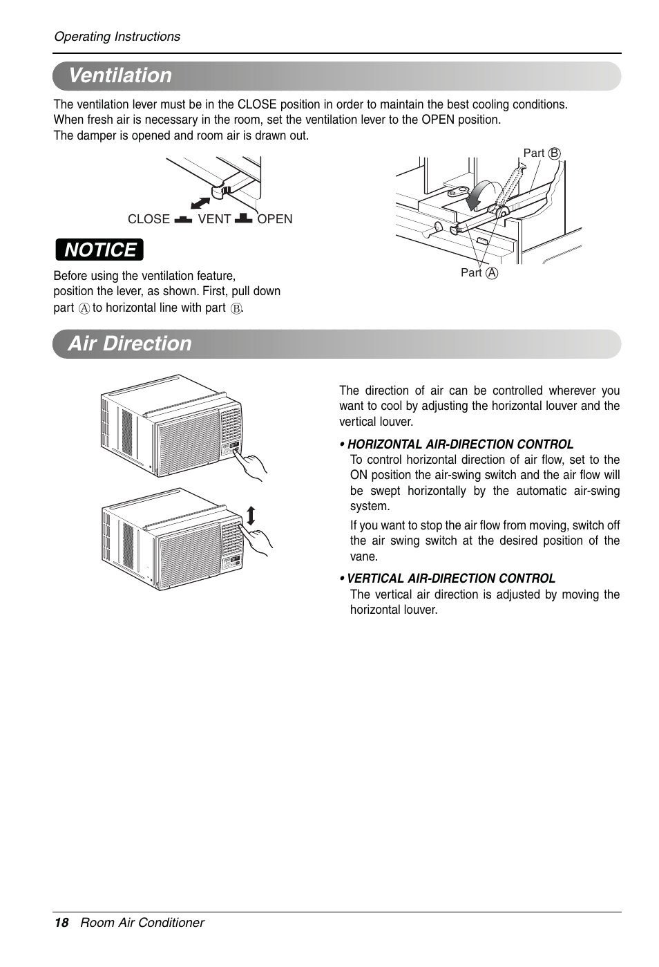 Ventilation, Air direction, Notice | LG LW1810HR User Manual | Page 18 / 44