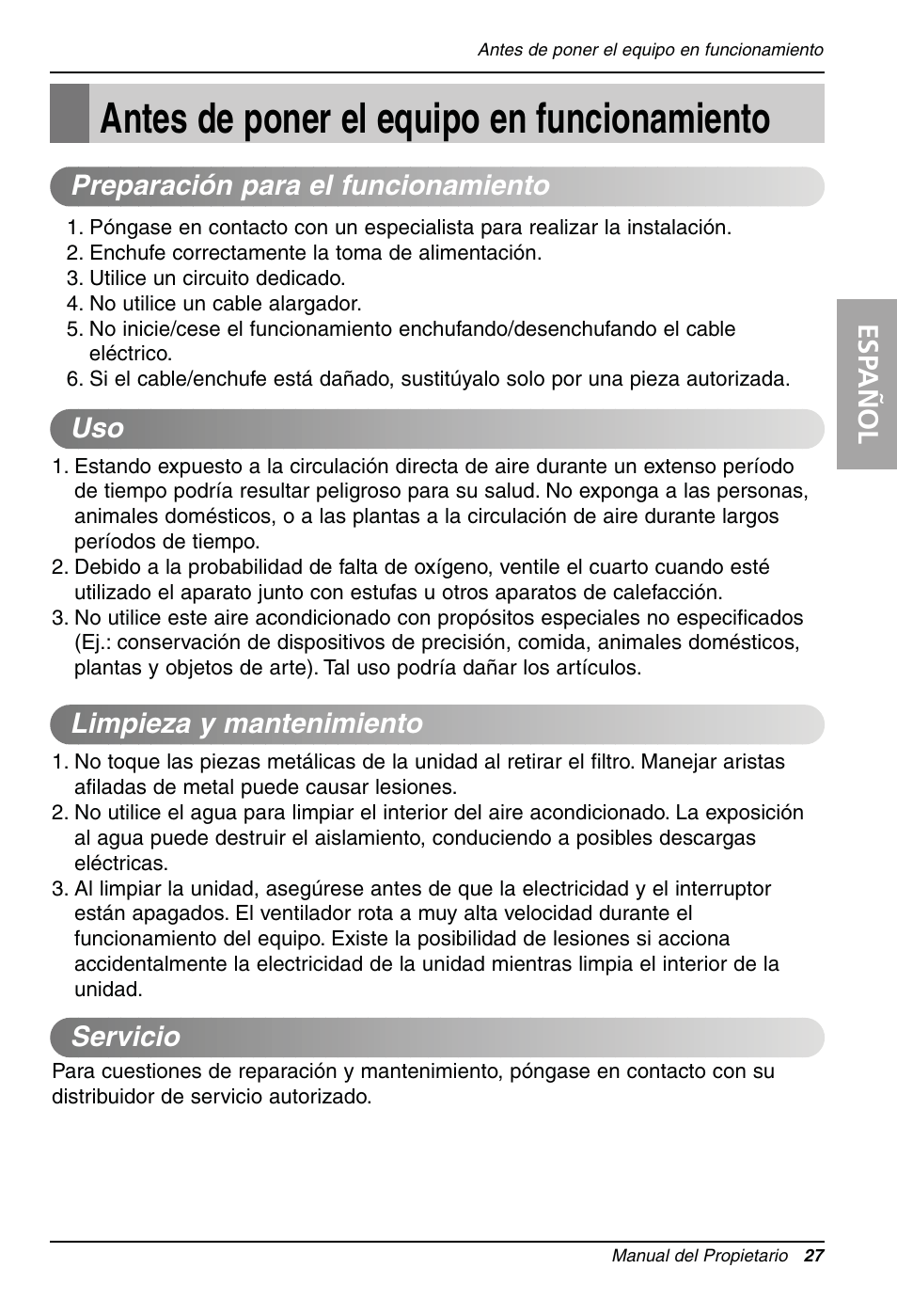 Antes de poner el equipo en funcionamiento, Esp añol | LG LW1810HR User Manual | Page 27 / 44