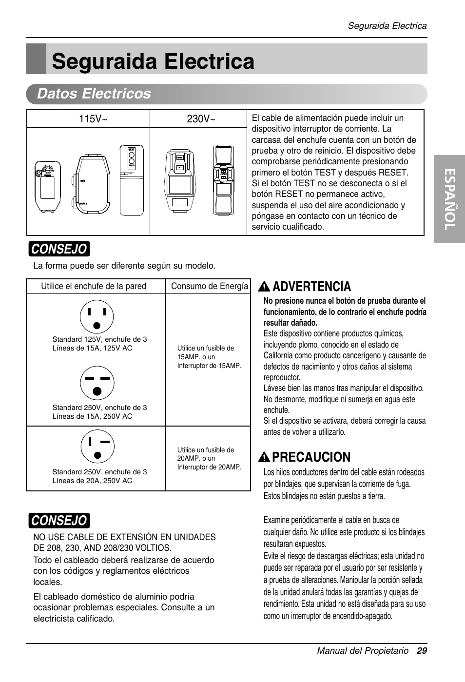 Seguraida electrica, Esp añol, Datos electricos | Consejo | LG LW1810HR User Manual | Page 29 / 44