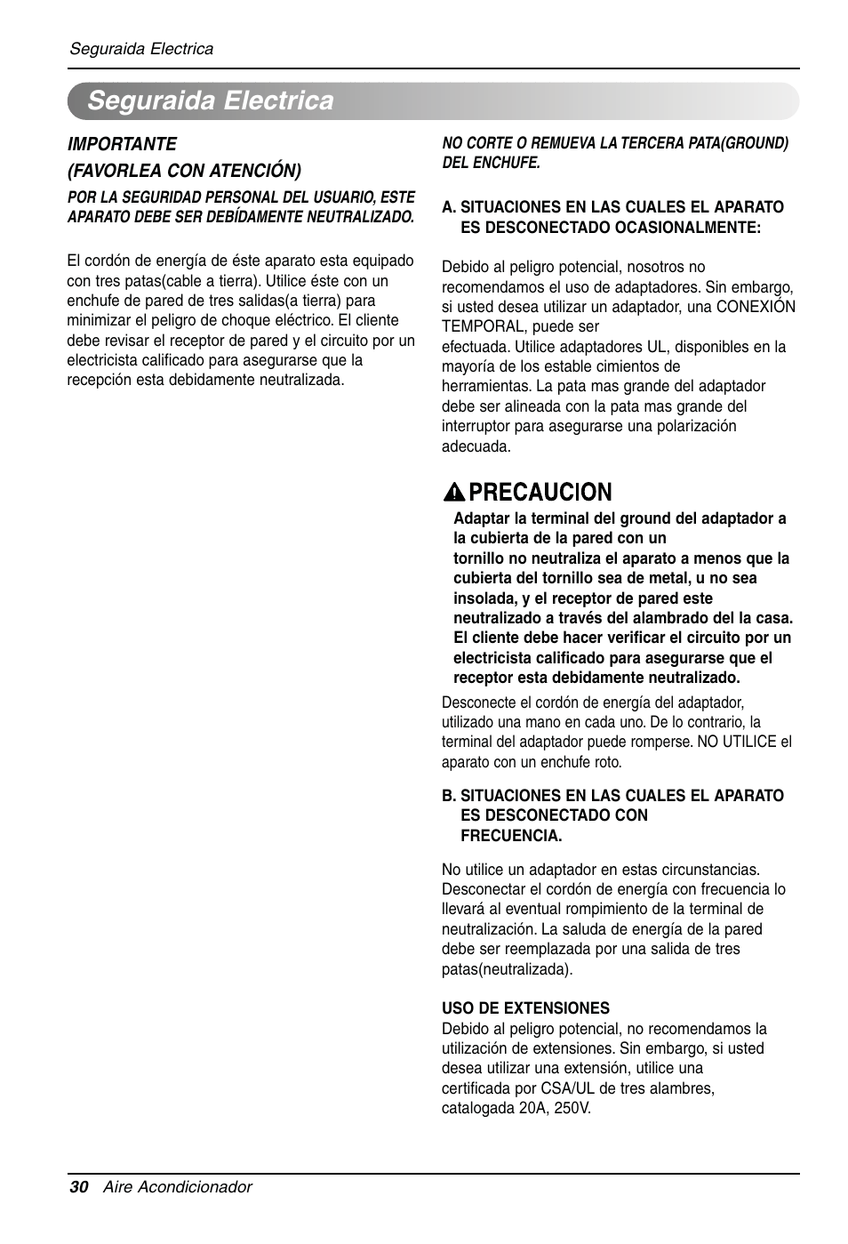 Seguraida electrica | LG LW1810HR User Manual | Page 31 / 44