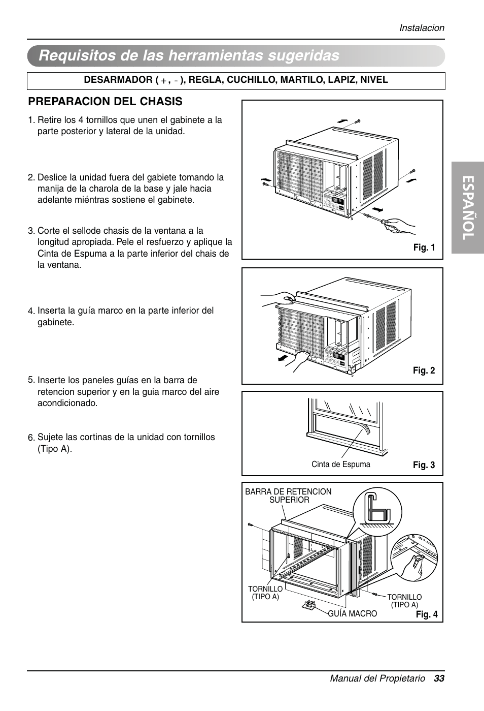 Esp añol, Requisitos de las herramientas sugeridas, Preparacion del chasis | LG LW1810HR User Manual | Page 33 / 44