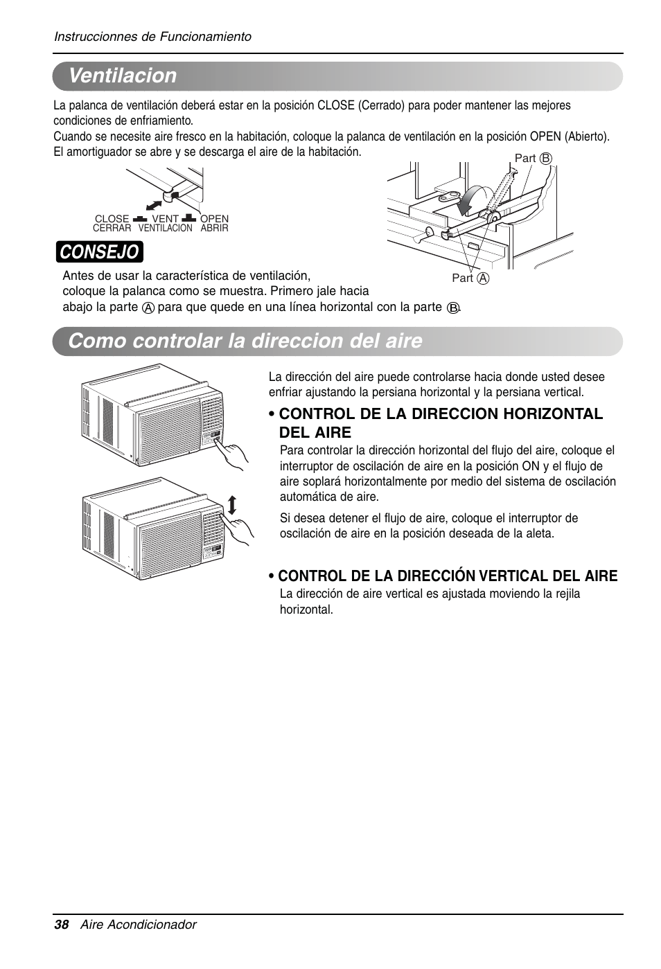 Ventilacion, Como controlar la direccion del aire, Consejo | LG LW1810HR User Manual | Page 38 / 44