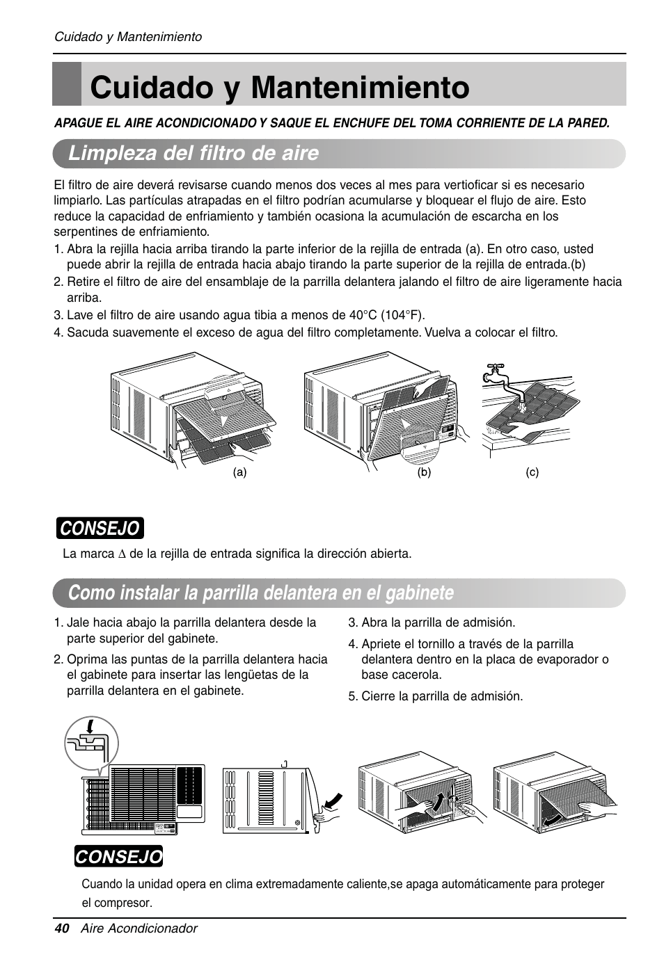 Cuidado y mantenimiento, Consejo | LG LW1810HR User Manual | Page 40 / 44