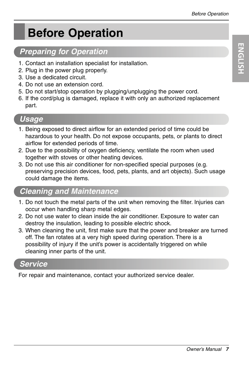 Before operation, English | LG LW1810HR User Manual | Page 7 / 44