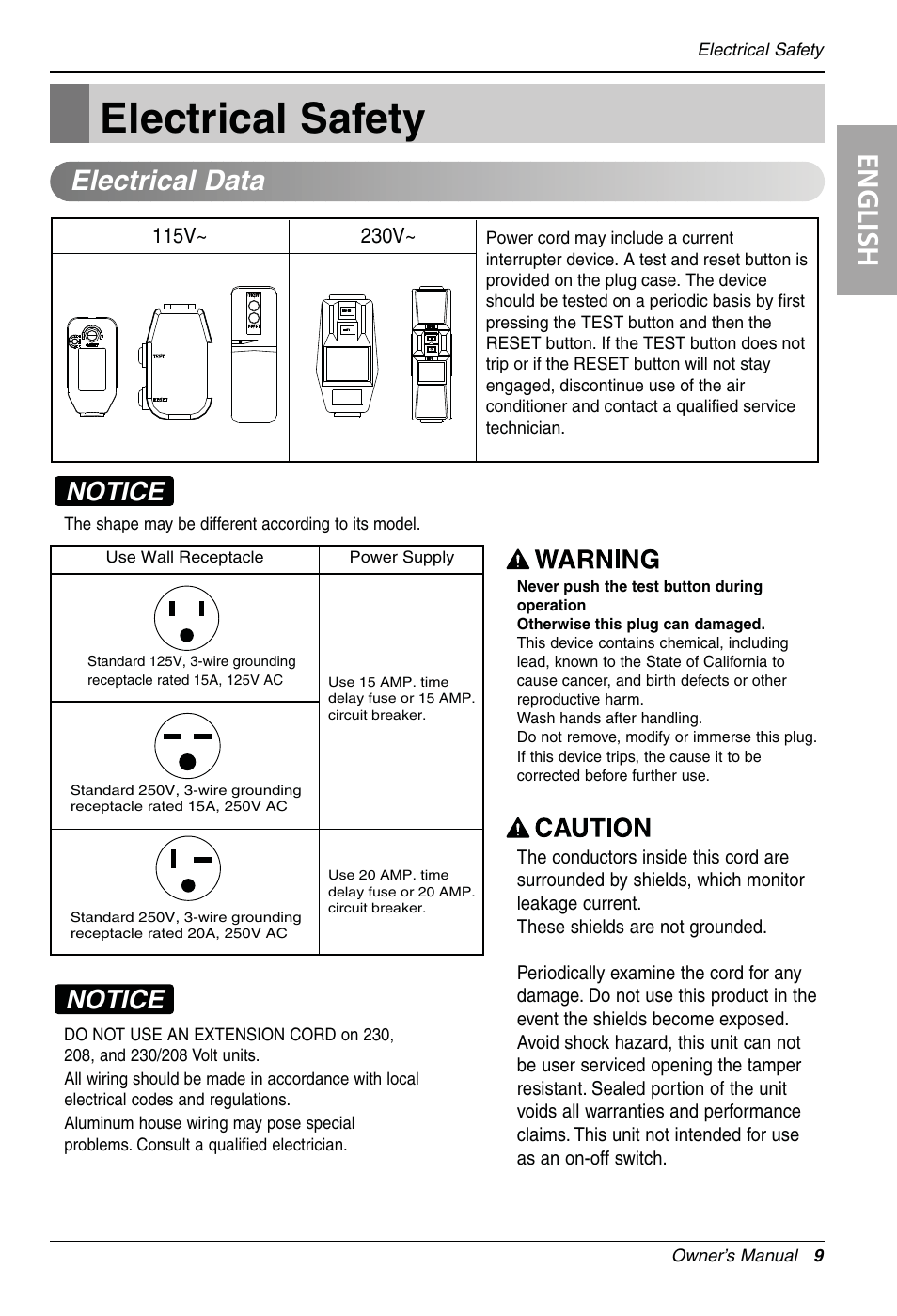 Electrical safety, English, Electrical data | Notice | LG LW1810HR User Manual | Page 9 / 44