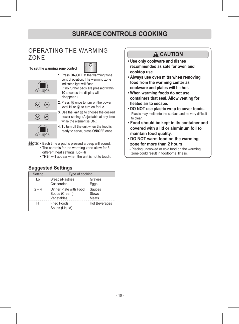 Surface controls cooking, Operating the warming zone, Caution | Suggested settings | LG LRE30453ST User Manual | Page 10 / 76