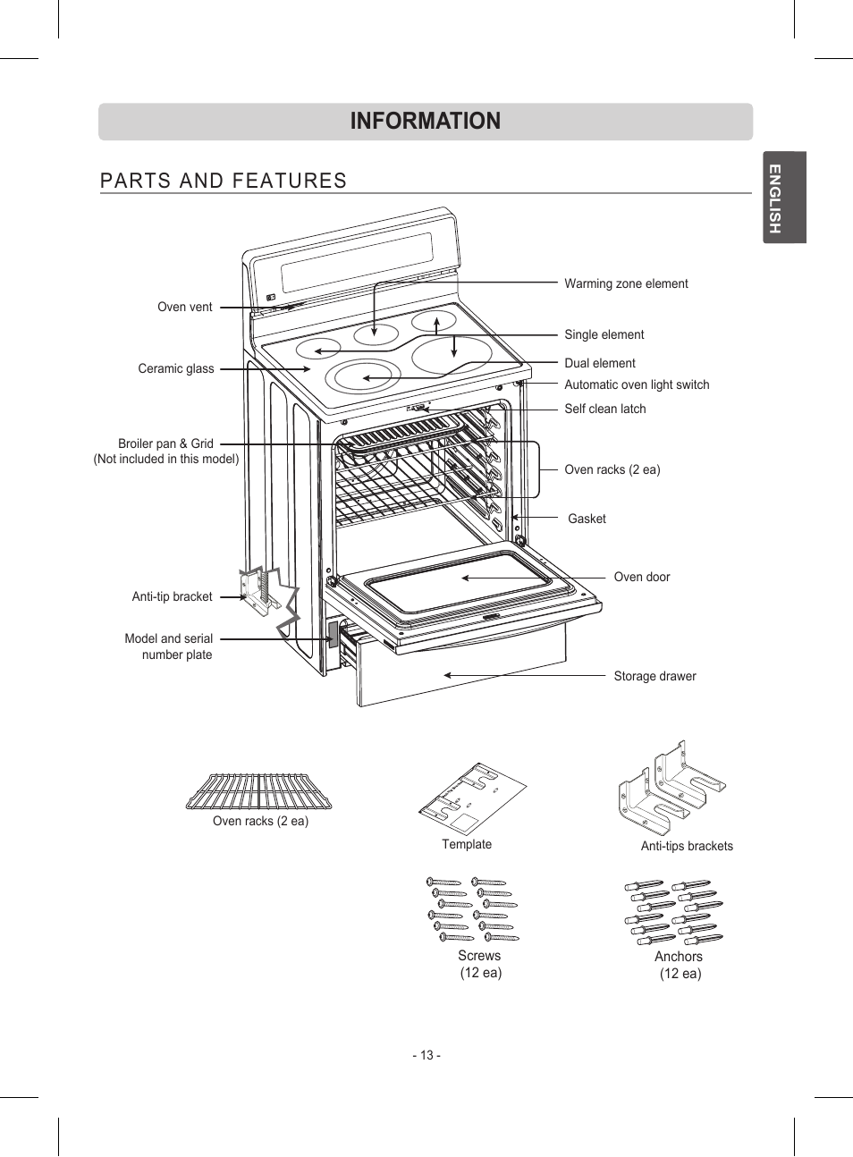 Information, Parts and features | LG LRE30453ST User Manual | Page 13 / 76