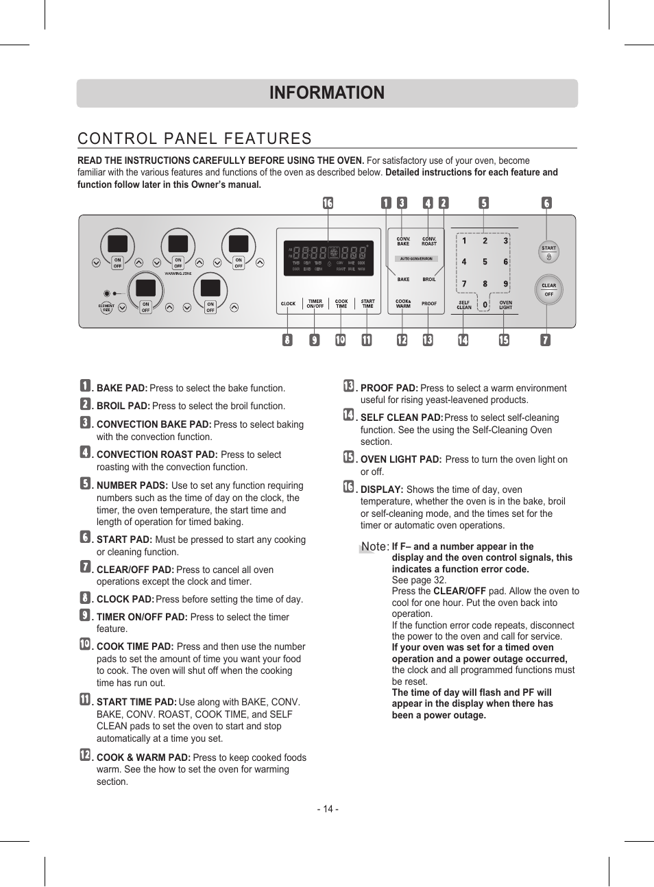 Information, Control panel features | LG LRE30453ST User Manual | Page 14 / 76