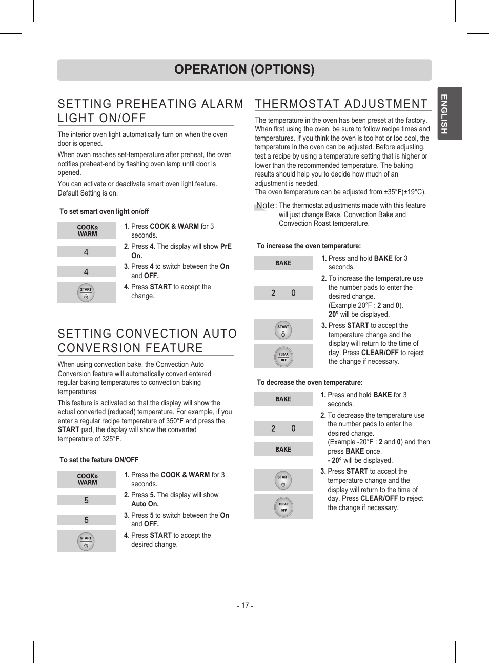 Operation (options), Setting preheating alarm light on/off, Thermostat adjustment | Setting convection auto conversion feature | LG LRE30453ST User Manual | Page 17 / 76