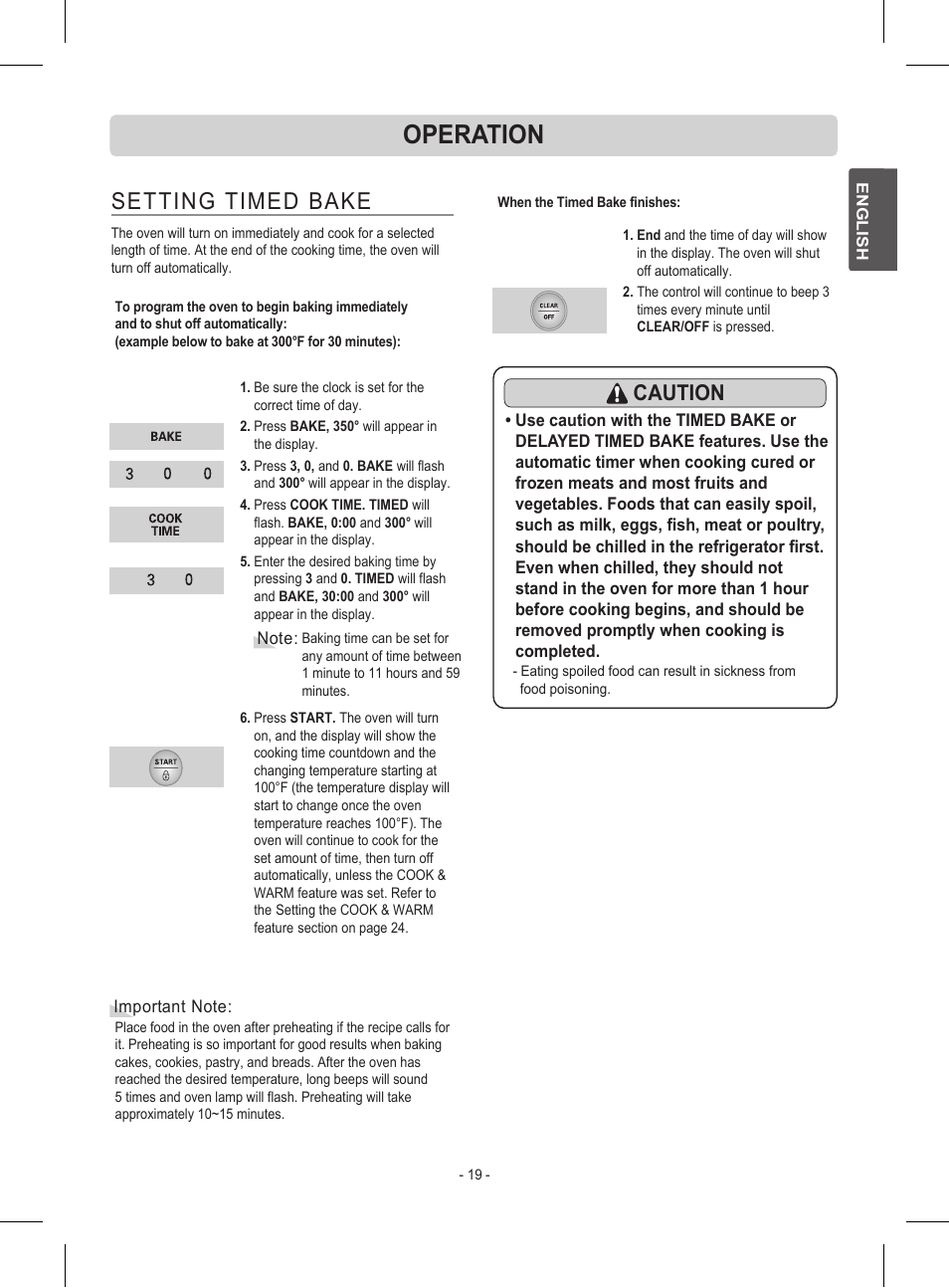 Operation, Setting timed bake, Caution | LG LRE30453ST User Manual | Page 19 / 76