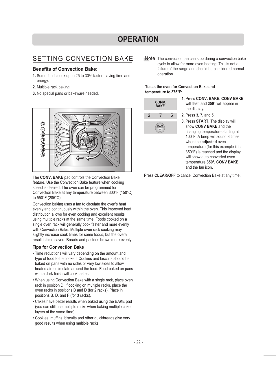 Operation, Setting convection bake | LG LRE30453ST User Manual | Page 22 / 76