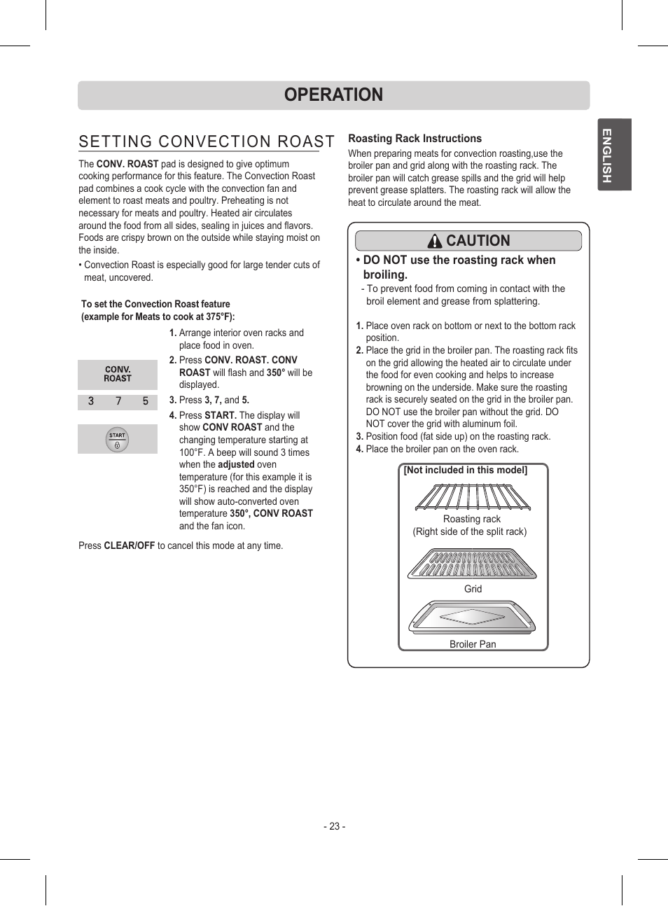 Operation, Setting convection roast, Caution | LG LRE30453ST User Manual | Page 23 / 76