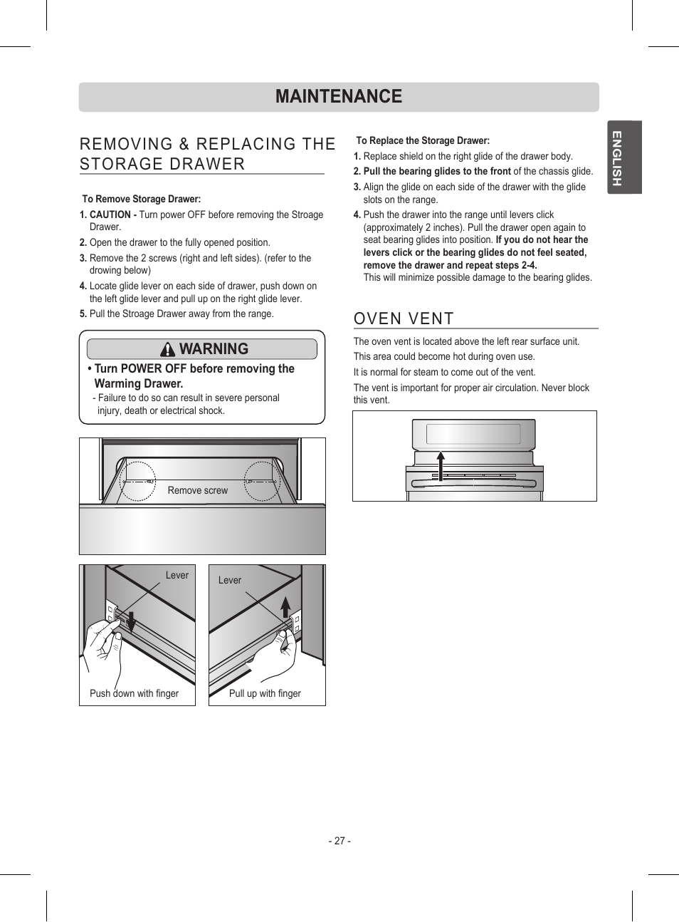 Maintenance, Removing & replacing the storage drawer, Oven vent | Warning | LG LRE30453ST User Manual | Page 27 / 76