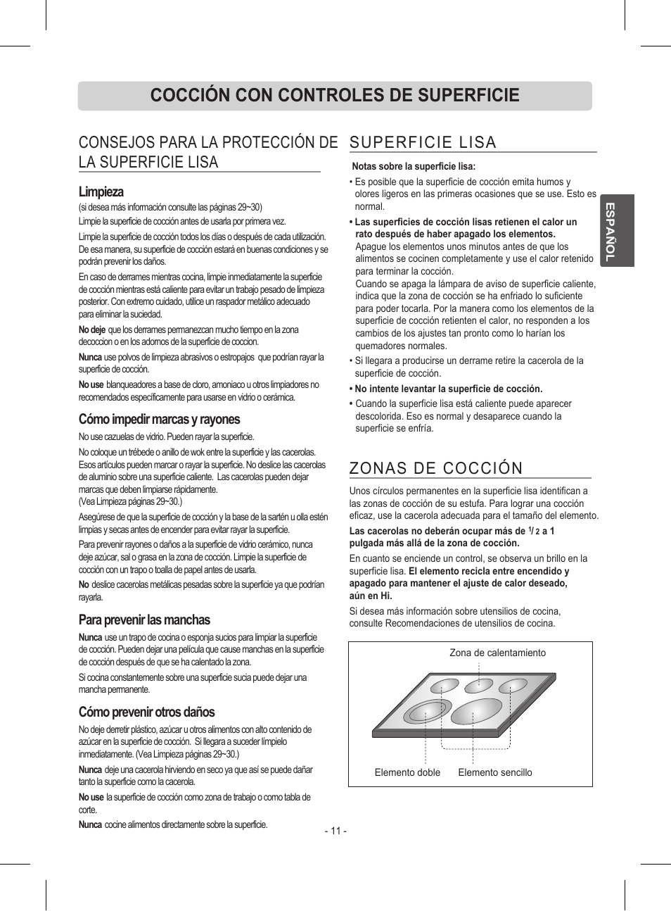 Cocción con controles de superficie, Consejos para la protección de la superficie lisa, Zonas de cocción | Superficie lisa, Limpieza, Cómo impedir marcas y rayones, Para prevenir las manchas, Cómo prevenir otros daños | LG LRE30453ST User Manual | Page 47 / 76