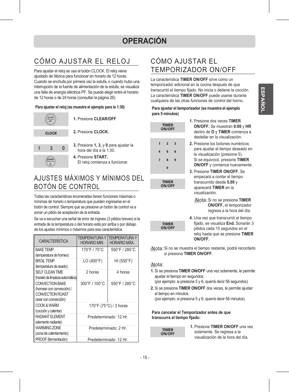 Operación, Cómo ajustar el reloj, Ajustes máximos y mínimos del botón de control | Cómo ajustar el temporizador on/off | LG LRE30453ST User Manual | Page 51 / 76