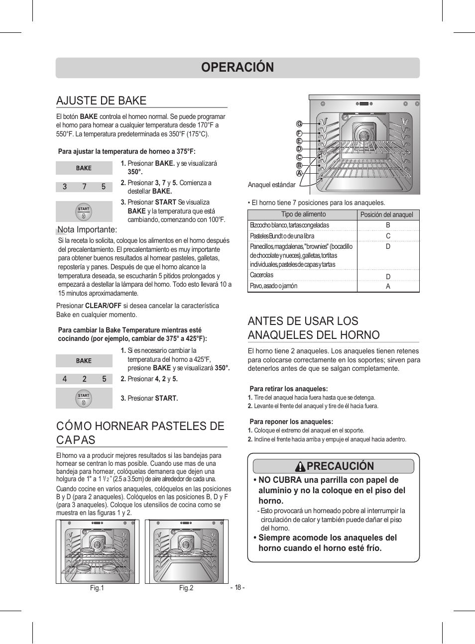 Operación, Ajuste de bake, Cómo hornear pasteles de capas | Antes de usar los anaqueles del horno, Precaución | LG LRE30453ST User Manual | Page 54 / 76