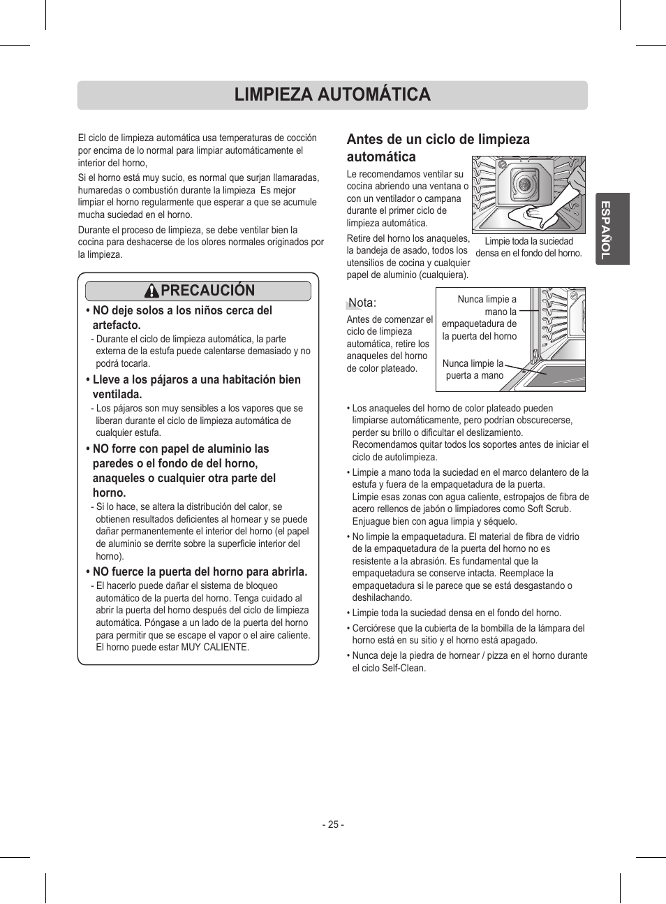 Limpieza automática, Precaución, Antes de un ciclo de limpieza automática | LG LRE30453ST User Manual | Page 61 / 76