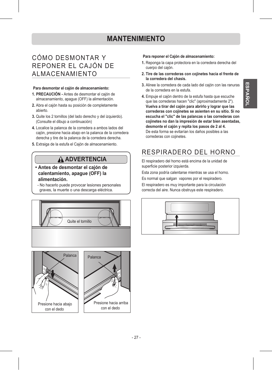 Mantenimiento, Respiradero del horno, Advertencia | LG LRE30453ST User Manual | Page 63 / 76