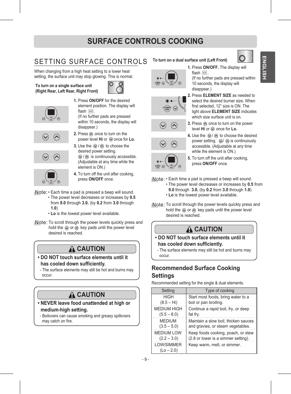Surface controls cooking, Setting surface controls, Caution | Recommended surface cooking settings | LG LRE30453ST User Manual | Page 9 / 76