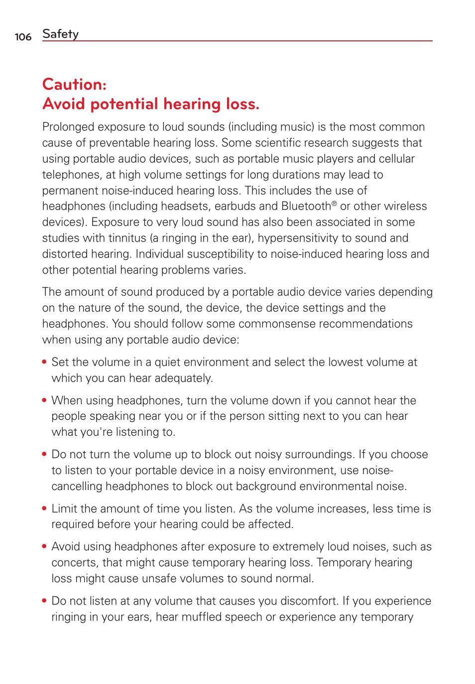 Caution: avoid potential hearing loss | LG VS415PP User Manual | Page 108 / 133