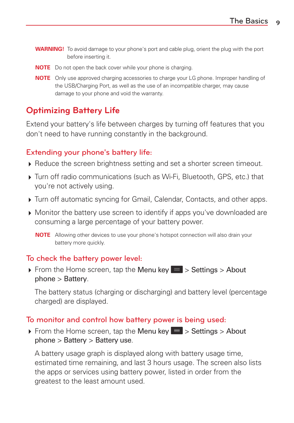 Optimizing battery life, The basics, Extending your phone's battery life | LG VS415PP User Manual | Page 11 / 133