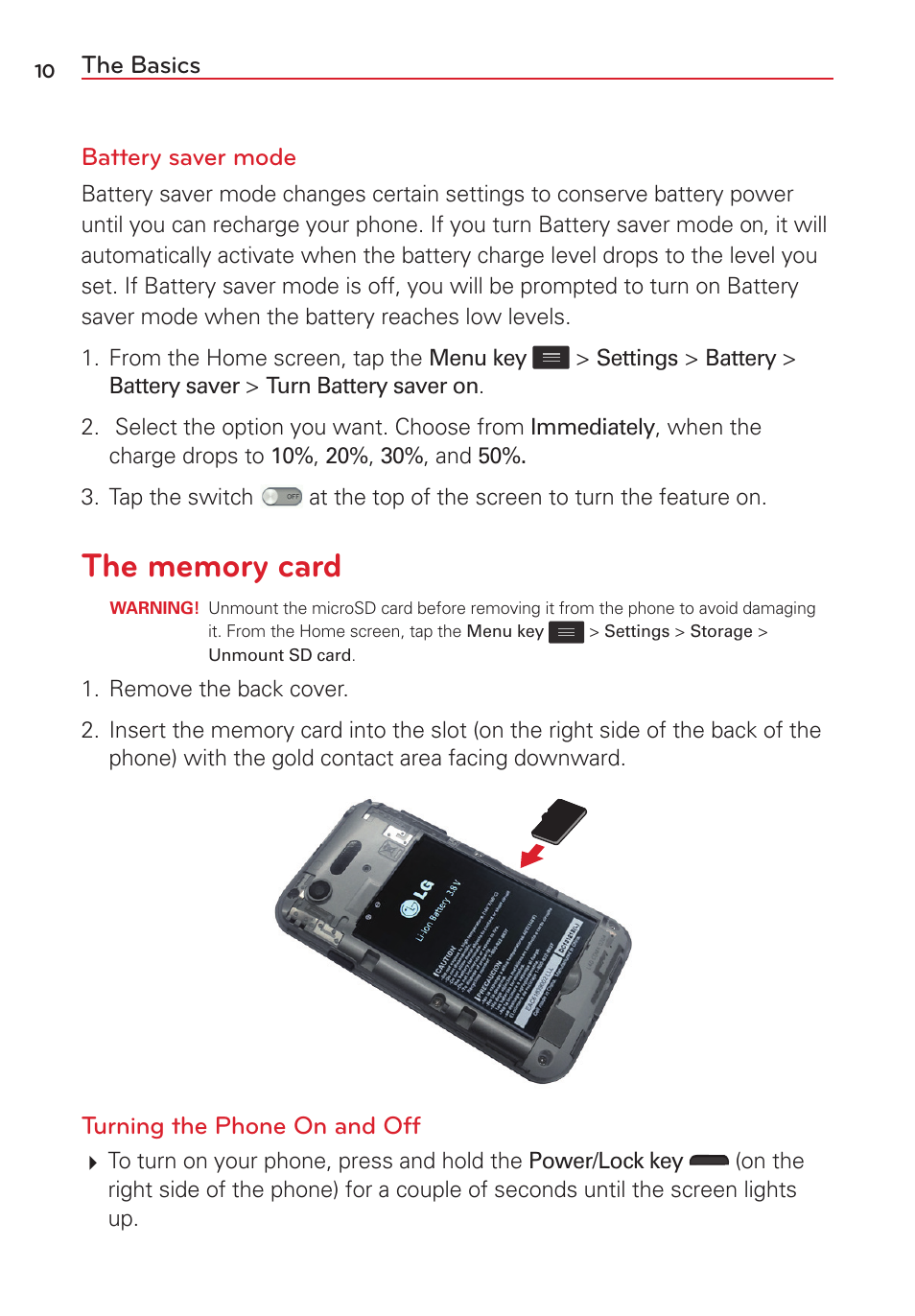 The memory card, The basics battery saver mode, Turning the phone on and off | LG VS415PP User Manual | Page 12 / 133
