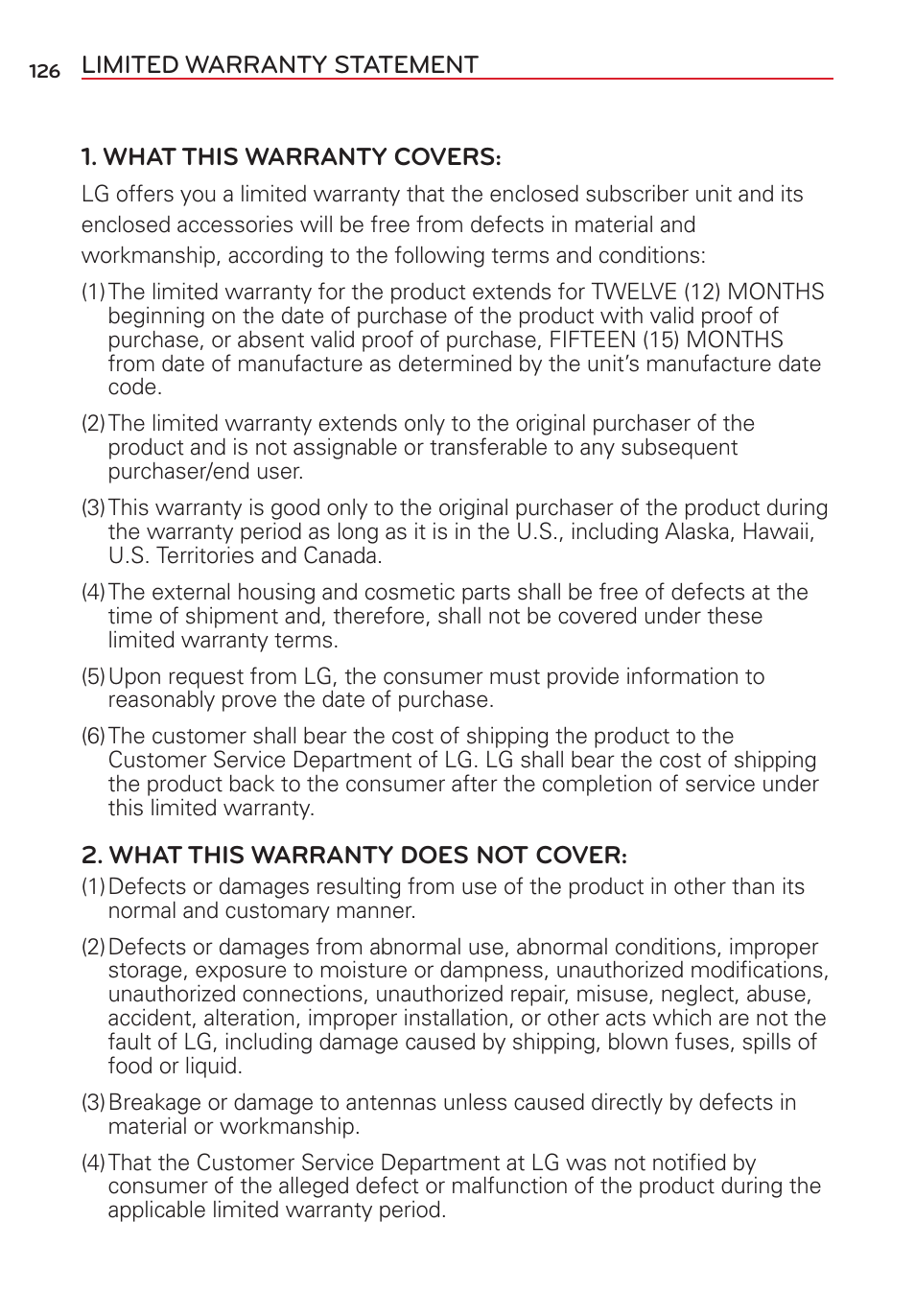 Limited warranty statement | LG VS415PP User Manual | Page 128 / 133