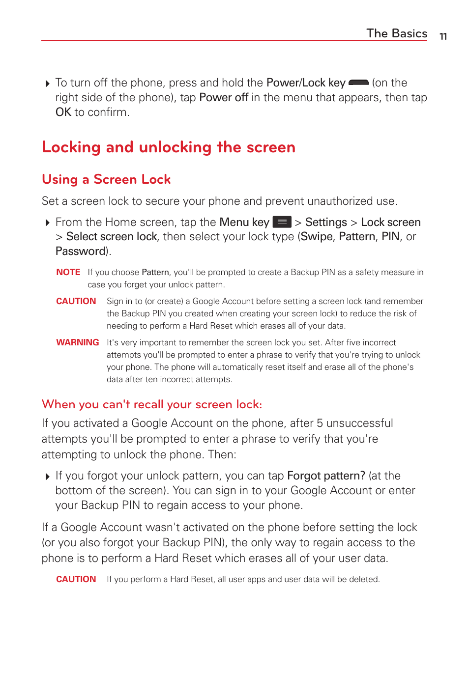 Locking and unlocking the screen, Using a screen lock, The basics | When you can't recall your screen lock | LG VS415PP User Manual | Page 13 / 133