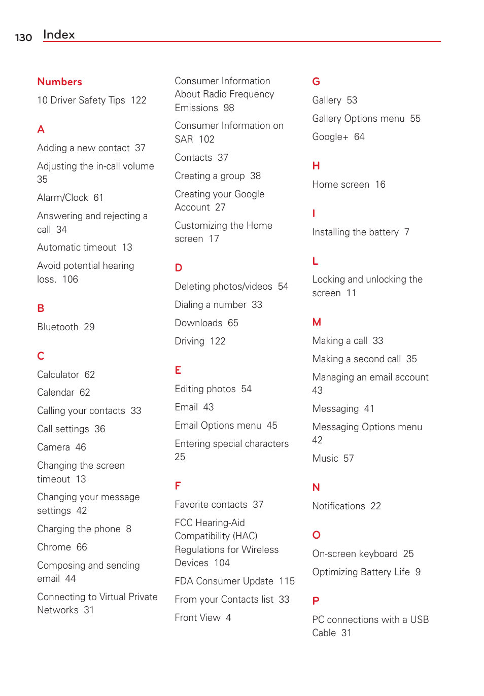 Index | LG VS415PP User Manual | Page 132 / 133