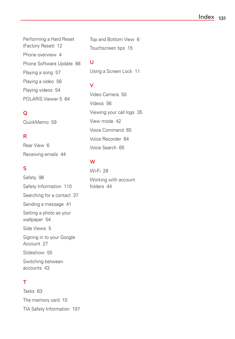 Index | LG VS415PP User Manual | Page 133 / 133