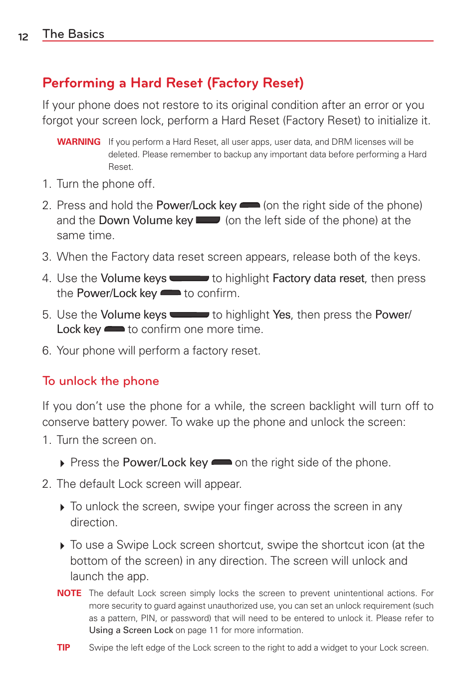 Performing a hard reset (factory reset), The basics | LG VS415PP User Manual | Page 14 / 133