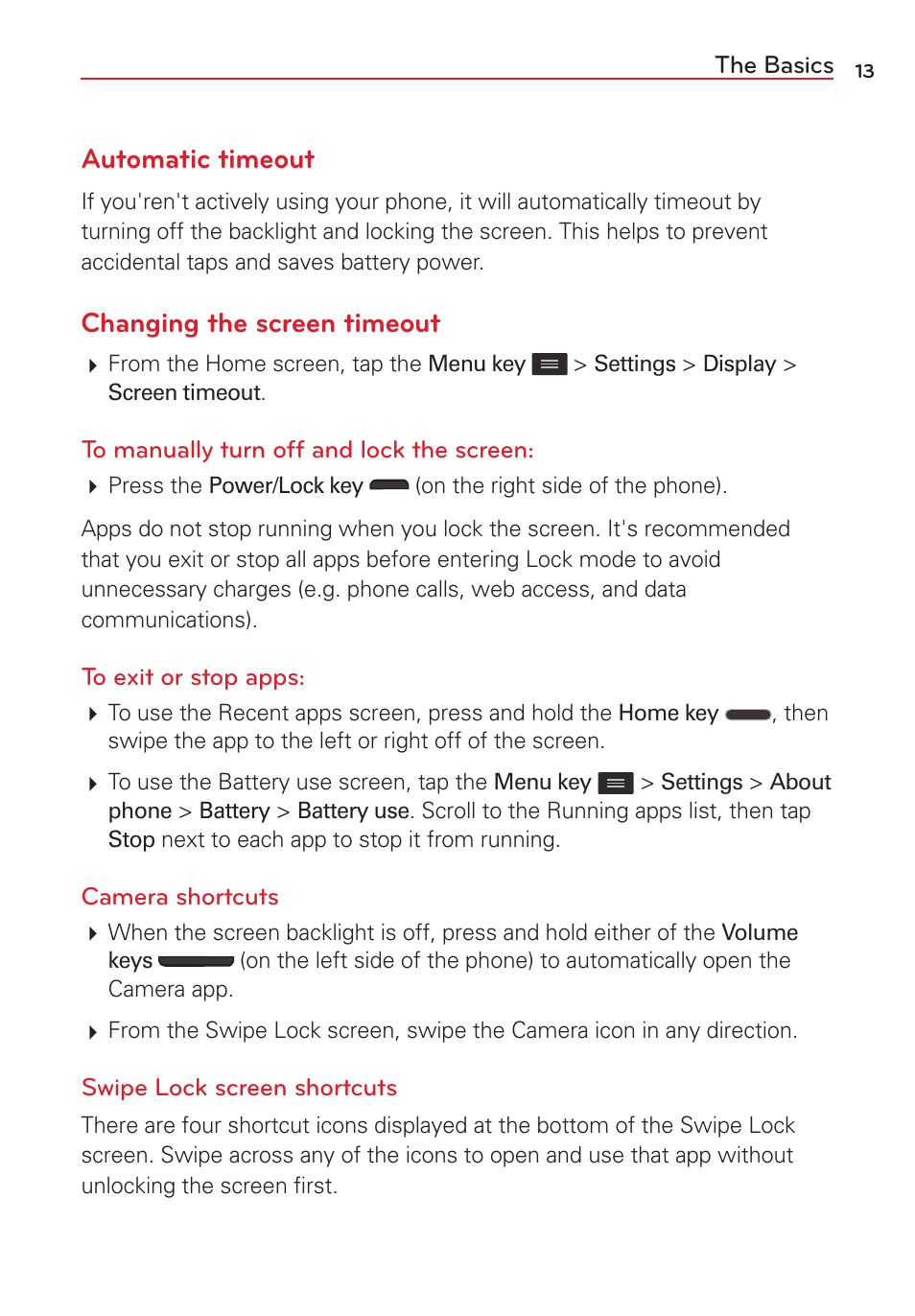 Automatic timeout, Changing the screen timeout | LG VS415PP User Manual | Page 15 / 133