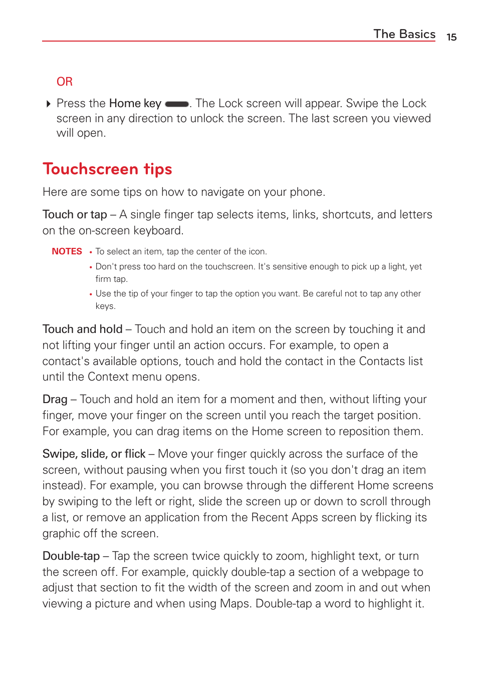 Touchscreen tips, The basics | LG VS415PP User Manual | Page 17 / 133