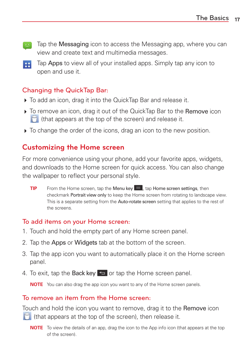 Customizing the home screen, The basics, Changing the quicktap bar | LG VS415PP User Manual | Page 19 / 133