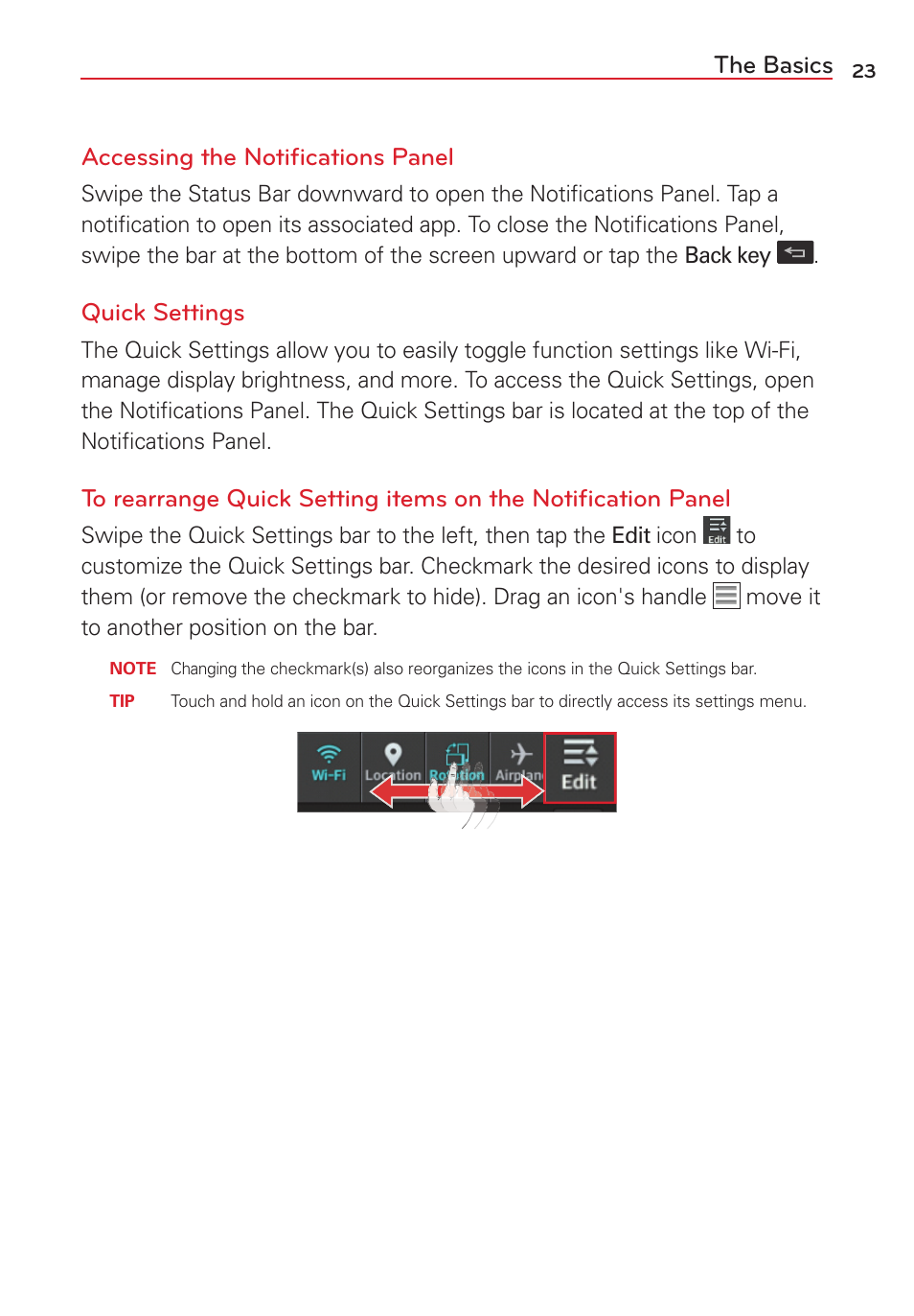 The basics accessing the notiﬁcations panel, Quick settings | LG VS415PP User Manual | Page 25 / 133