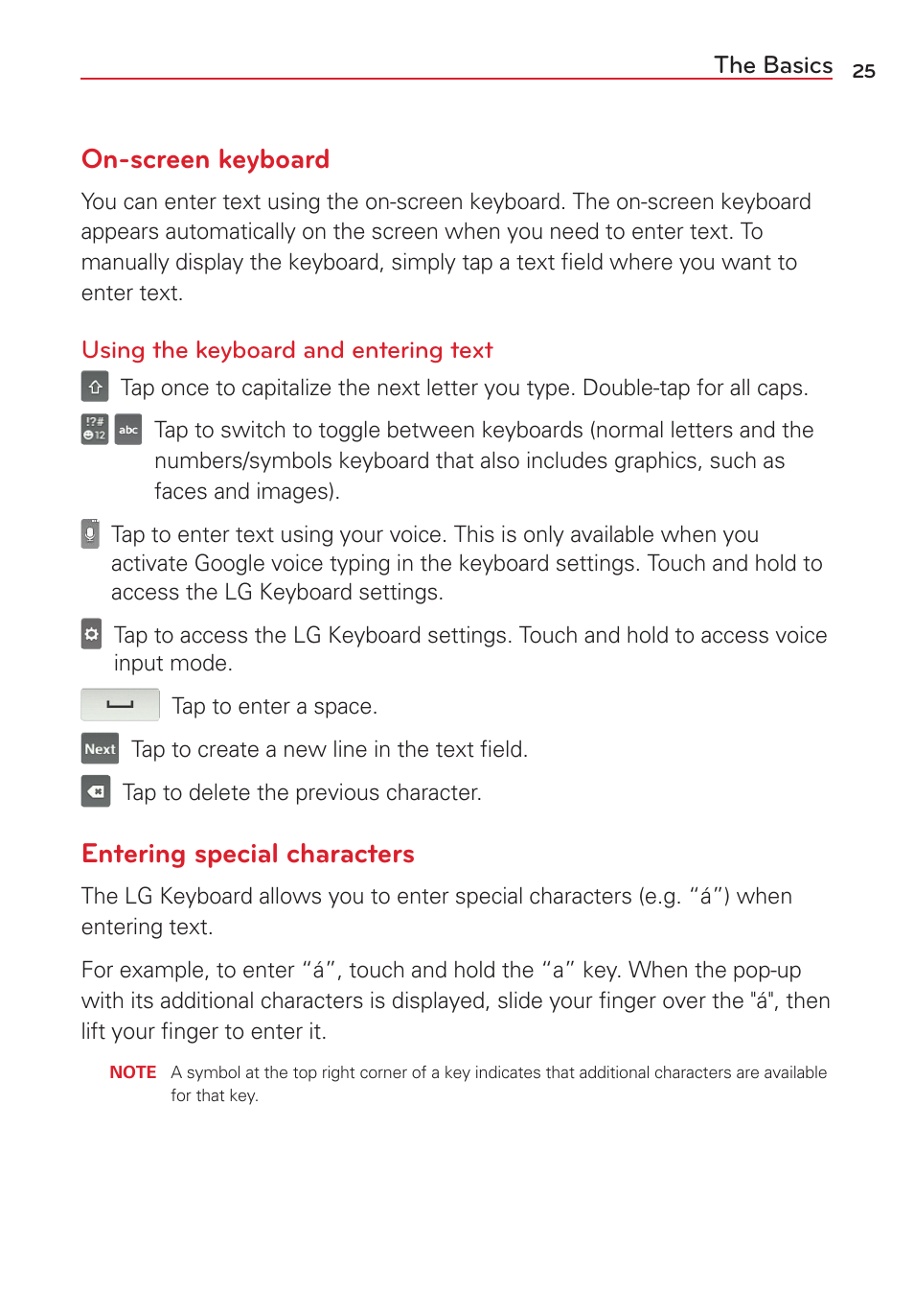 On-screen keyboard, Entering special characters | LG VS415PP User Manual | Page 27 / 133