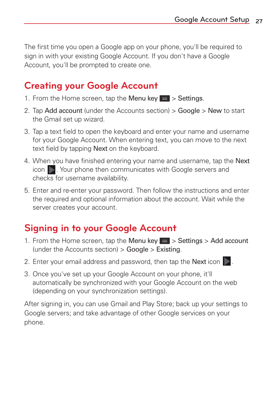 Google account setup, Creating your google account, Signing in to your google account | LG VS415PP User Manual | Page 29 / 133