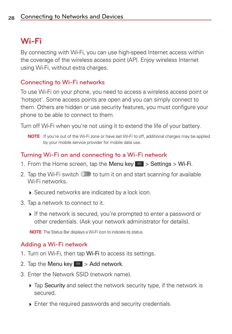 Connecting to networks and devices, Wi-fi, Connecting to wi-fi networks | Turning wi-fi on and connecting to a wi-fi network, Adding a wi-fi network | LG VS415PP User Manual | Page 30 / 133